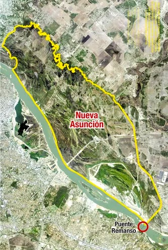 Enmarcado en amarillo, el territorio que abarca el nuevo distrito de Nueva Asuncion.