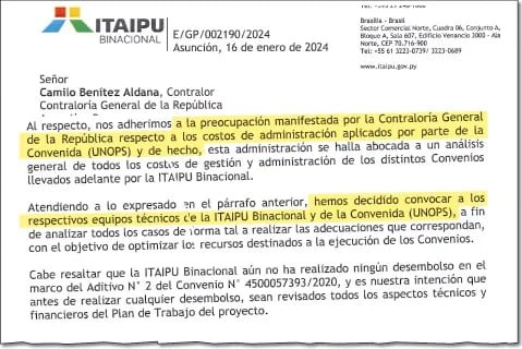 Parte de la nota remitida por la Itaipú y en la cual dice que acompaña la preocupación de la CGR sobre los manejos de Unops.