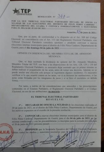 Resolución por la cual el Tribunal Electoral Partidario (TREP) anula las elecciones en Félix Pérez Cardozo y llama a nuevos comicios.
