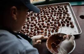 ACOMPAÑA CRÓNICA: VENEZUELA CHOCOLATE AME6813. CARACAS (VENEZUELA), 13/09/2022.- Marísela Oropeza prepara chocolates crocantes en el taller de Chocolates Picacho, el 7 de septiembre de 2022, en Caracas (Venezuela). Desde que amanece, Marianela Moser y sus dos empleadas trabajan en un taller artesanal en la montaña caraqueña del Ávila, donde atemperan, moldean y empaquetan chocolates, un producto que se ha convertido en seña de identidad de Venezuela, que en 2021 exportó cacao y derivados por valor de casi 45 millones de dólares. EFE/ Rayner Peña R.

