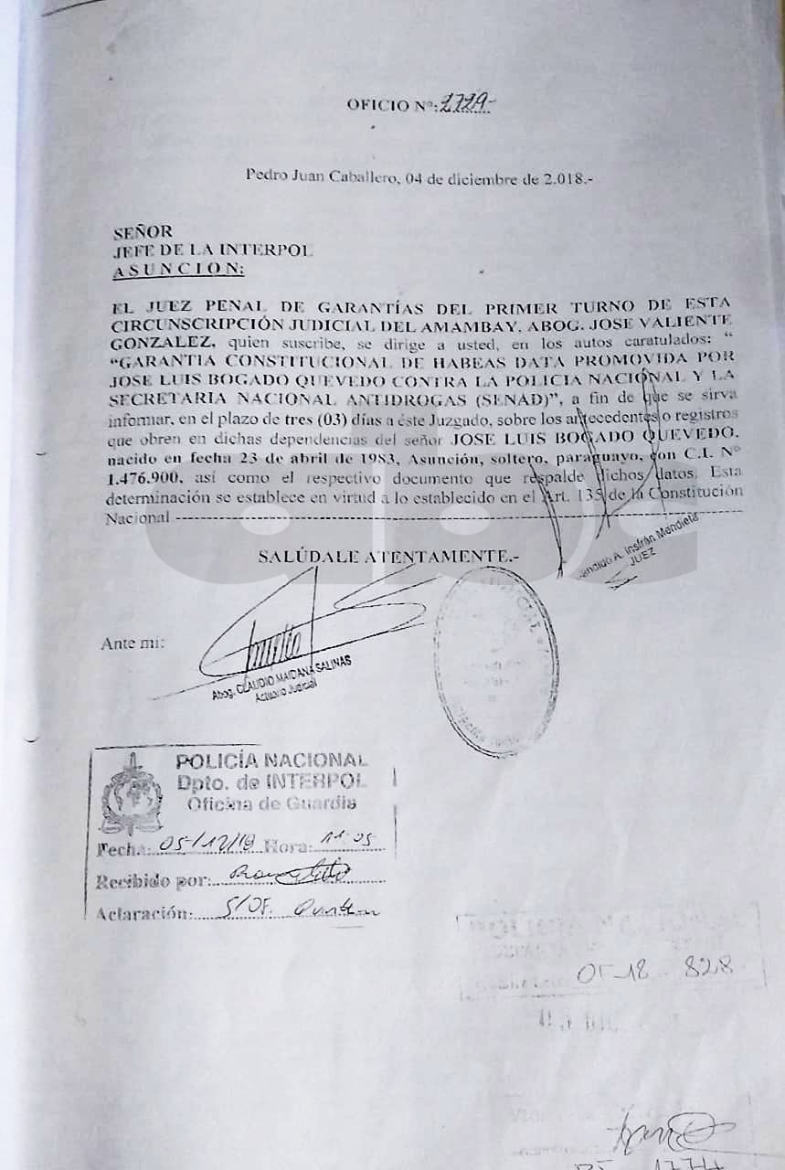 El oficio judicial a través del cual José Bogado solicitó sus antecedentes, y que fue solicitado supuestamente por un juez, pero firmado por otro con antecedentes ligados al narcotráfico.