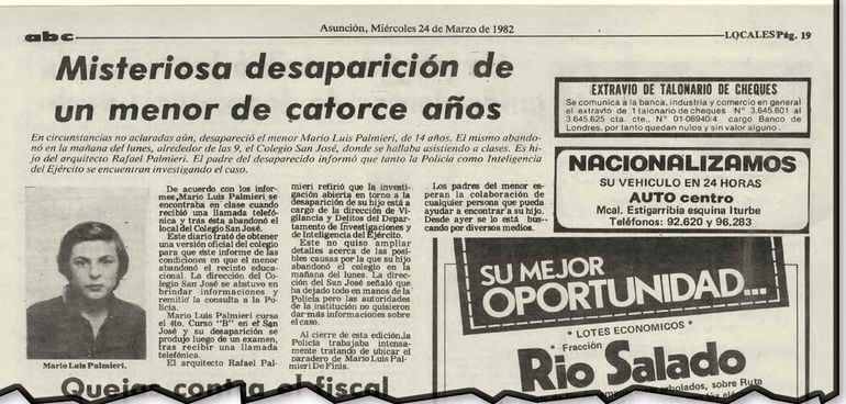 Página 19 de ABC Color del miércoles 24 de marzo de 1982, sobre  la desaparición de Mario Luis Juan Palmieri De Finis.