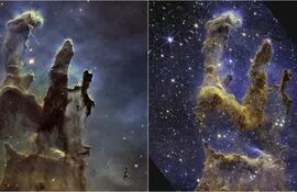 Composición fotográfica divulgada por la NASA, tomada por el telescopio espacial James Webb, donde se aprecian dos imágenes de los Pilares de la Creación, una tomada en 2014 (izq.) y la última tomada de la luz del infrarrojo cercano al telescopio. El telescopio espacial de la NASA James Webb ofreció una imagen inédita de los icónicos Pilares de la Creación, una región de aspecto fantasmagórico donde se forman nuevas estrellas dentro de densas nubes de gas y polvo y de la que ahora llega una visión mucho más nítida. (EFE/NASA/ESA/CSA/STScI)