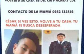 César Elías Ortega, estaba desaparecido desde el pasado domingo, luego de una discusión con su madre.