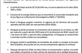 El documento de entendimiento entre Paraguay y Brasil sobre Itaipú Binacional, acordado el 16 de abril y revelado ayer.