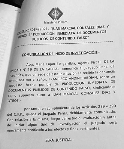 Comunicación de la fiscala María Luján Estigarribia al Juzgado sobre apertura de la investigación del caso de tragada en la Policía.