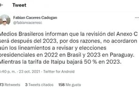 El tuit del ex director técnico de la ANDE, Ing. Fabián Cáceres Cadogan, donde menciona el tema de la tarifa de Itaipú.