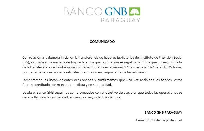 Comunicado del Banco GNB sobre el retraso en el pago de haberes del IPS.