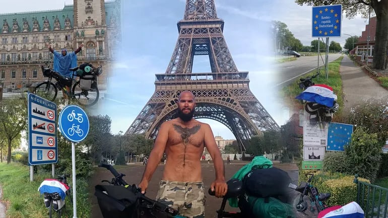 La fotografía muestra a un hombre con una bicicleta: Gabriel López, un paraguayo que recorre Europa pedaleando.
