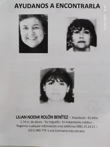Imagen de Lilian Noemi Rolón Benítez, mujer desaparecida en Asunción. (gentileza).