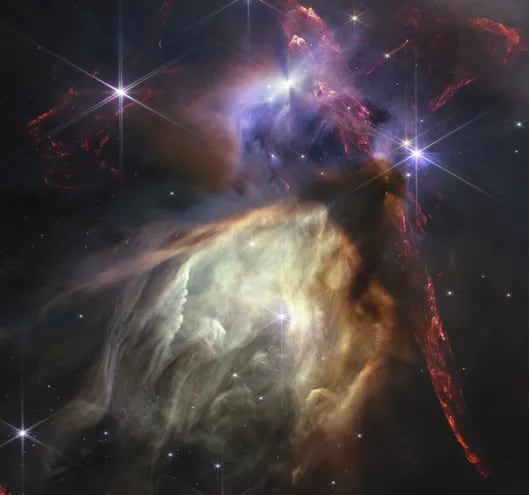 El telescopio espacial James Webb celebra su primer año de ciencia con una nueva y espectacular imagen: un primer plano del nacimiento de estrellas similares al Sol. Para celebrar la finalización de "un exitoso primer año" del Webb, la NASA ha publicado la imagen de una pequeña región de formación de estrellas en el complejo de nubes Rho Ophiuchi.