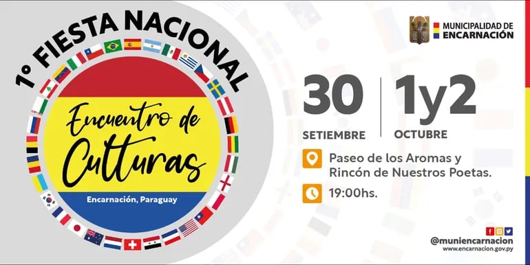 Afiche de lo que será la primera fiesta nacional "Encuentro de culturas" que organiza la Municipalidad de Encarnación.